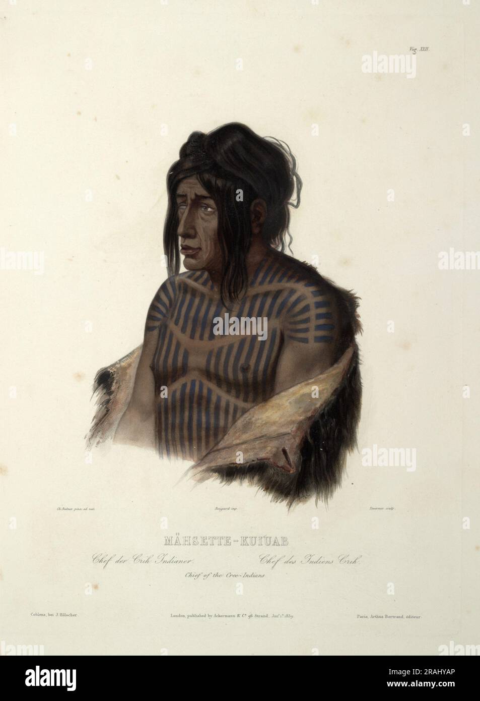 Mahsette-Kuiuab, Chief of the Cree Indians, plate 22 from volume 1 of `Travels in the Interior of North America' 1843; United States by Karl Bodmer Stock Photo